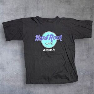 Vintage 1990s HARD ROCK CAFE Aruba Black T-Shirt Classic Neon Logo Size XL